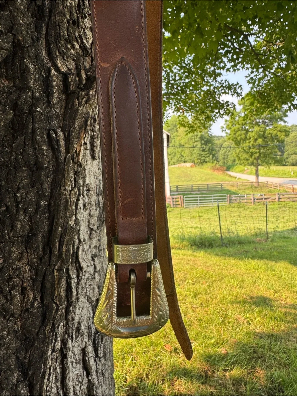 Vintage 70s Brown Leather Belt with Silver Etched Buckle